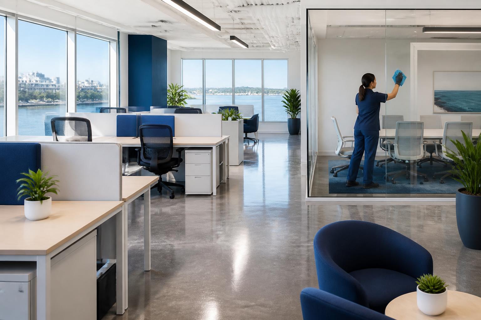 Professional cleaner servicing a bright modern Halifax office